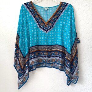 Sundance Island Medallion Sheer Poncho Womens Small Petite Oversized‎ Blue Coast